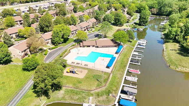 an aerial view of a swimming pool