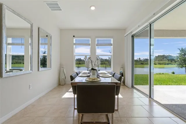 a view of a dining room with furniture window and outside view