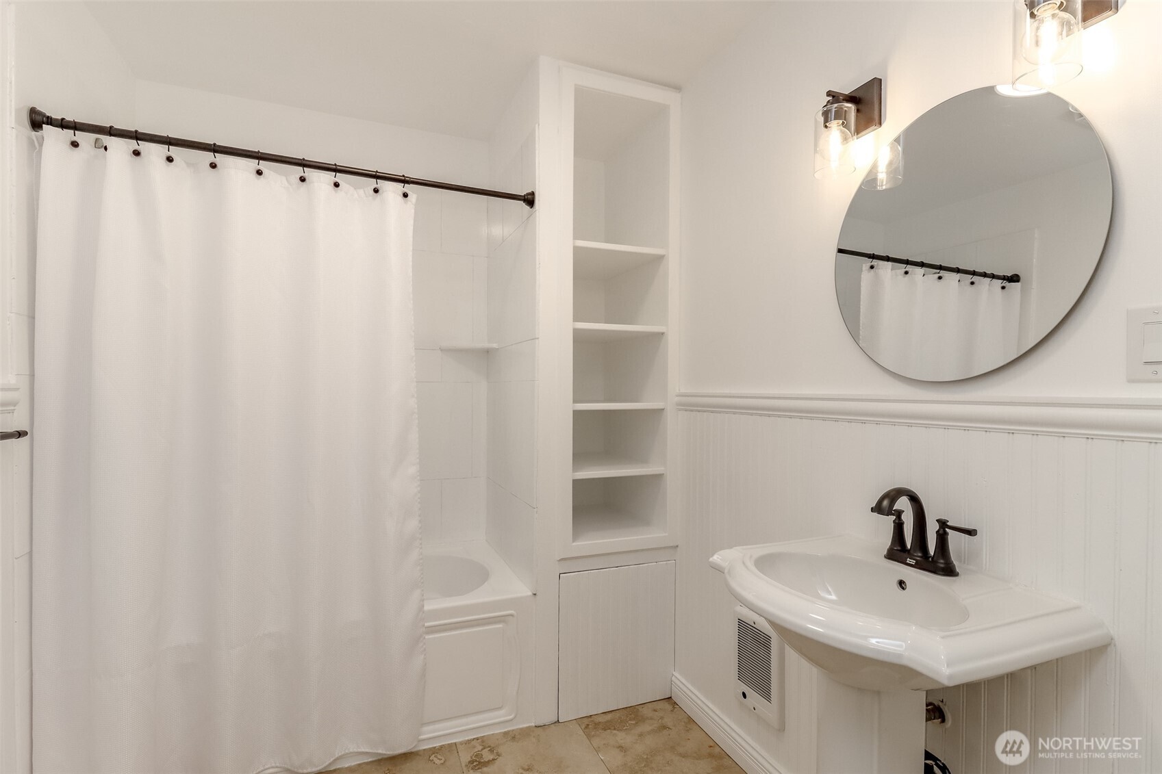 2115 Cherry Street Hoquiam, WA 98550 - Photo 15 of 31 a bathroom with a sink a mirror and a shower curtain