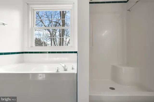 a bathroom with a bathtub and a window