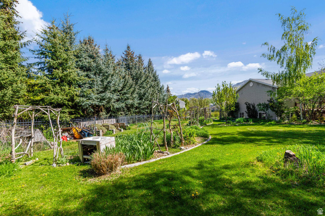 814 Mountain Road Logan, UT 84321 - Photo 32 of 42 Expansive lawn area featuring a garden bed with wooden trellises, bordered by mature evergreen trees