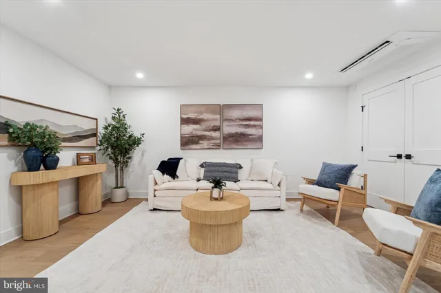 a living room with furniture and a potted plant