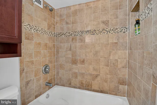 a bathroom with a shower and a toilet