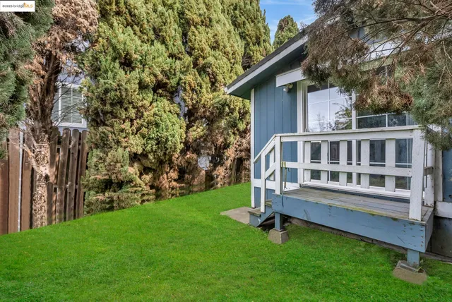 a view of a wooden deck and a yard with large trees