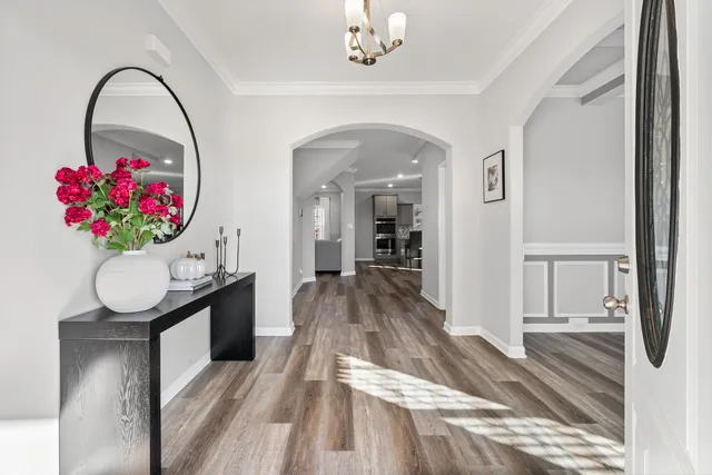 a view of a livingroom with wooden floor