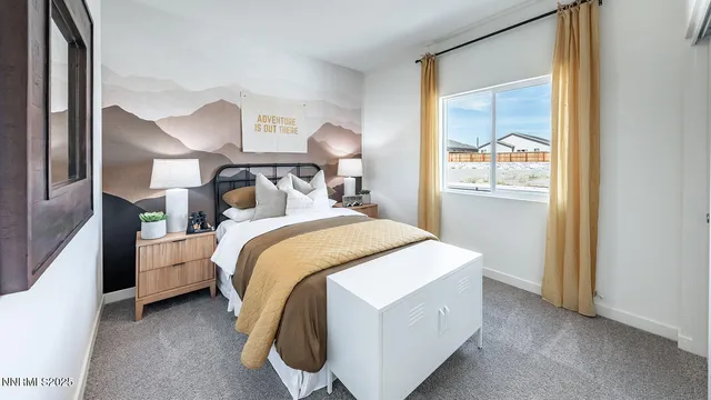 a bed room with a bed and a mirror