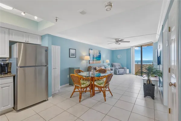 a view of a dining room with furniture