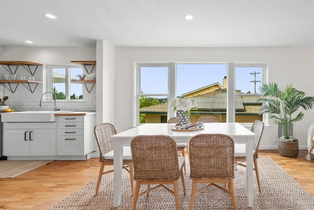 a view of a dining room with furniture window and wooden floor