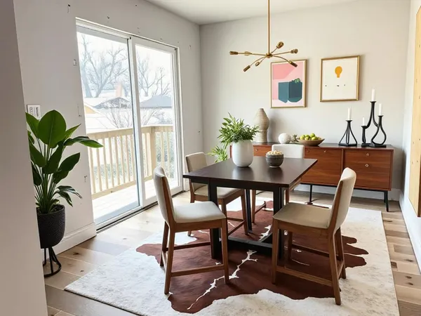 a dining room with furniture potted plants and wooden floor