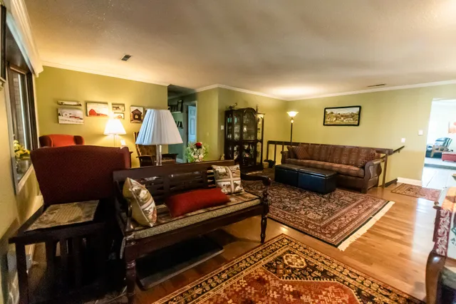 a living room with furniture and a rug