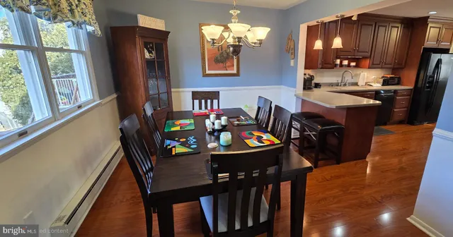 a view of a dining room with furniture window and wooden floor