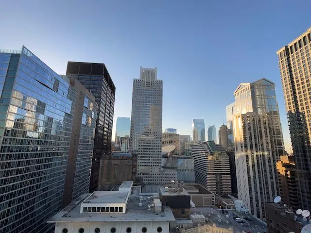 a city view with tall buildings
