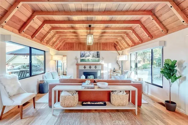 a living room with furniture a fireplace and a potted plant