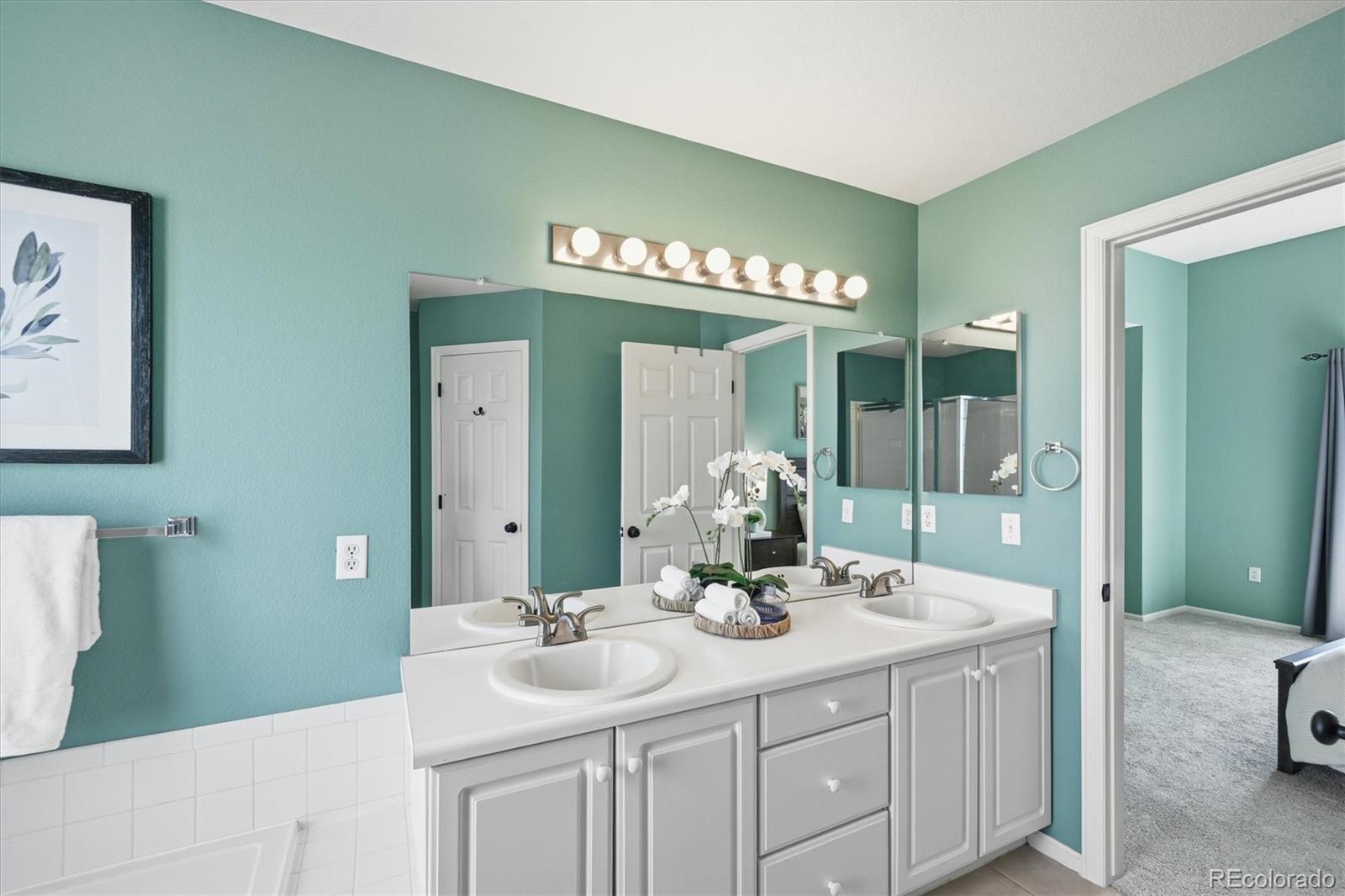 9629 Burberry Way Highlands Ranch, CO 80129 - Photo 29 of 50 a bathroom with a double vanity sink and a mirror