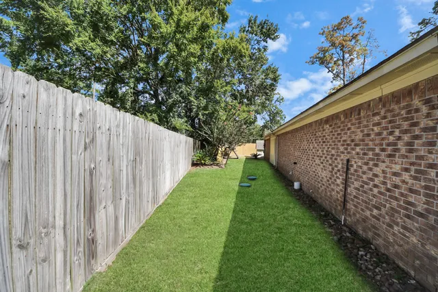a view of a park with large trees