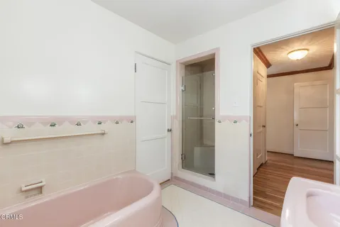 a bathroom with a bathtub and a shower