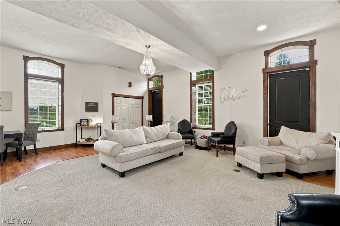 42764 Russia Road Elyria, OH 44035 - Photo 14 of 50 Spacious living area featuring high ceilings, arched windows with wood trim, a decorative chandelier, and dual flooring with carpeting and wood-finish sections