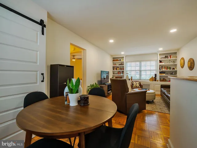 a view of a dining room with furniture