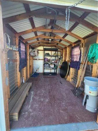 a view of a storage room with stairs