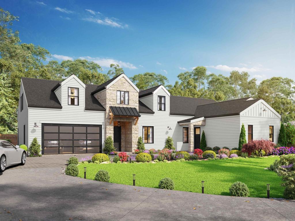 Designer front elevation rendering showcasing luxury finishes and manicured curb appeal.