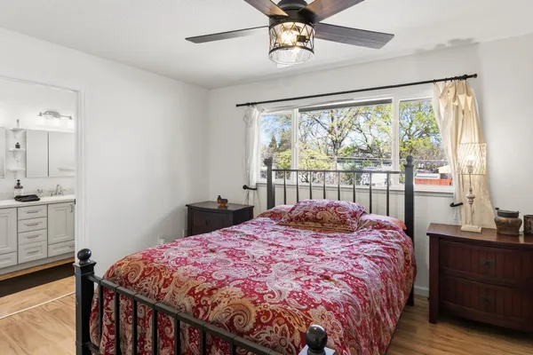 a bedroom with a large bed and a window
