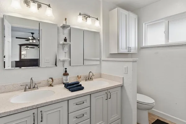 a bathroom with a sink a toilet and a mirror