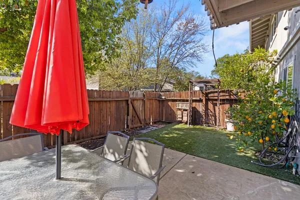 a view of a backyard with a small cabin and a chair