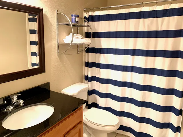 a bathroom with a sink a toilet a mirror and shower curtain
