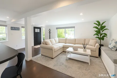 a living room with furniture and a potted plant