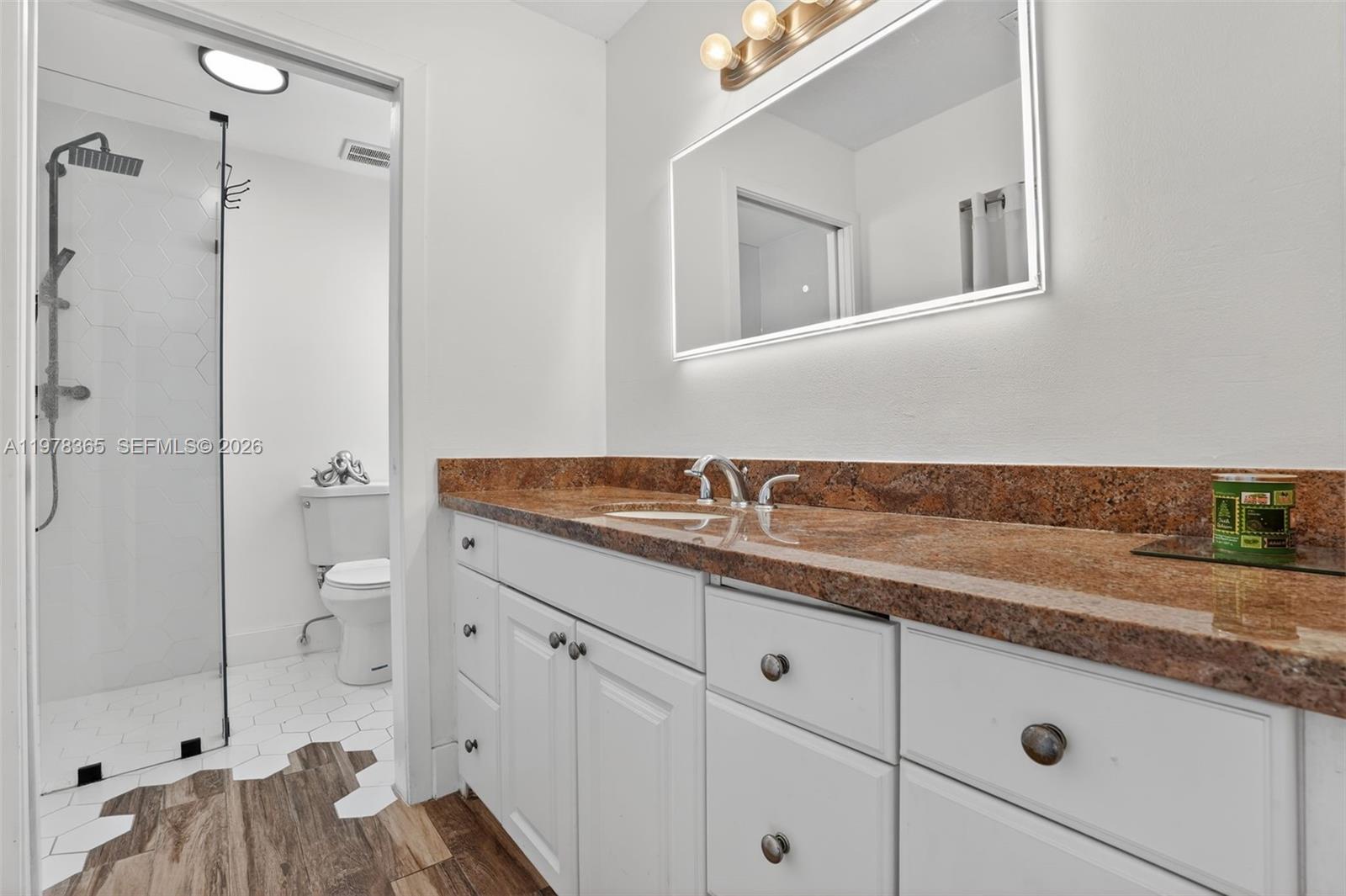 7016 Southwest 103rd Place Miami, FL 33173 - Photo 16 of 21 a bathroom with a granite countertop sink a mirror and shower
