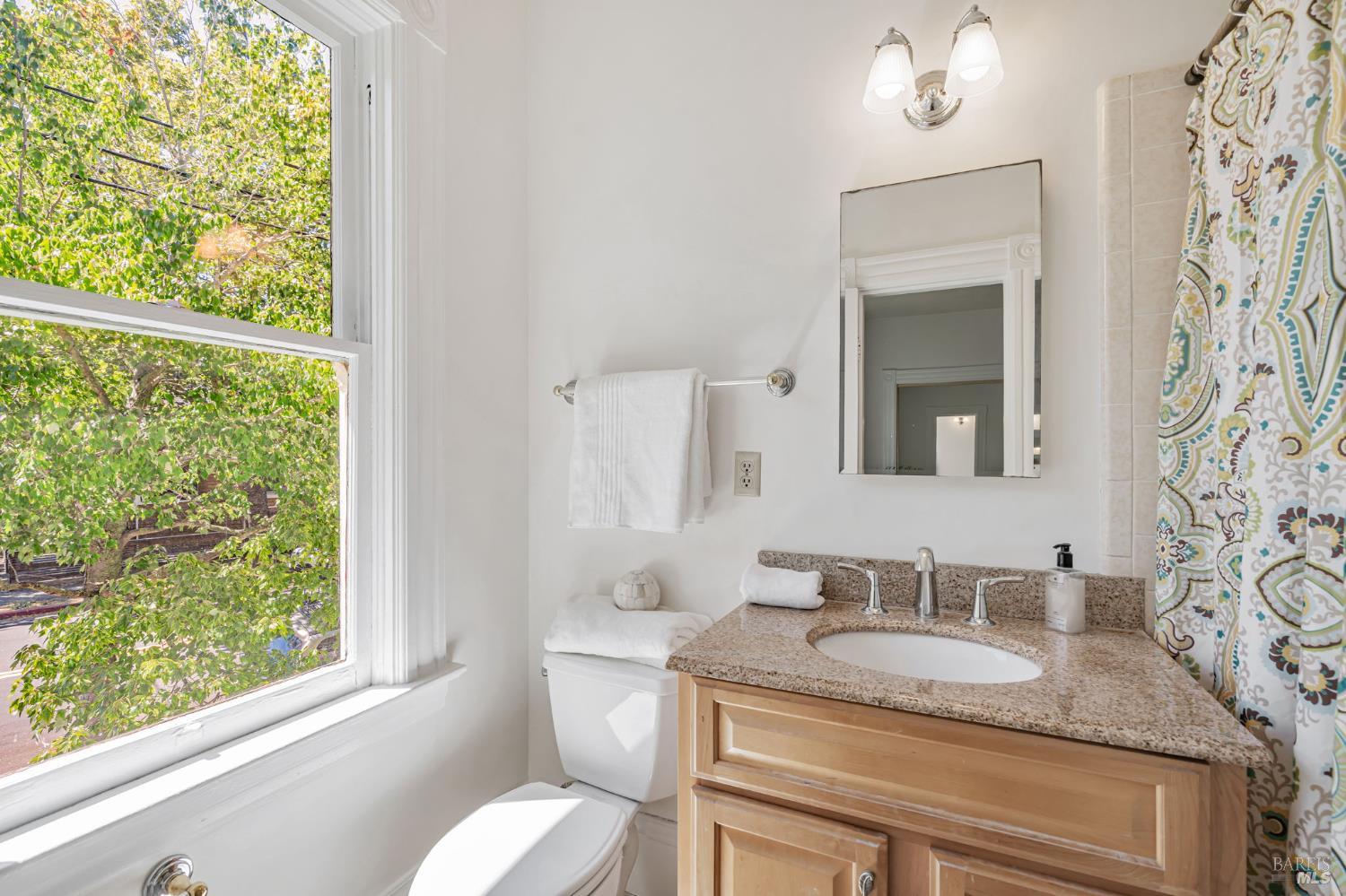29 Frances Street San Rafael, CA 94901 - Photo 19 of 42 a bathroom with a granite countertop sink and a mirror