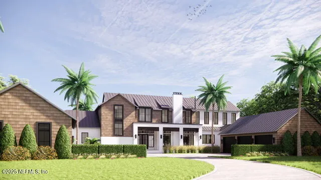 a front view of house with yard and green space