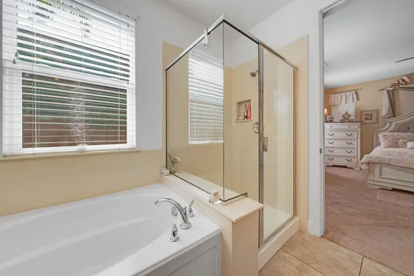 a bathroom with a bathtub and a shower