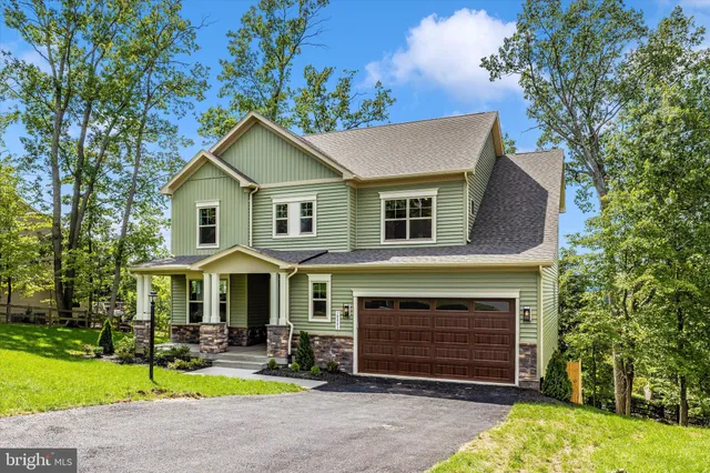a front view of a house with yard and green space