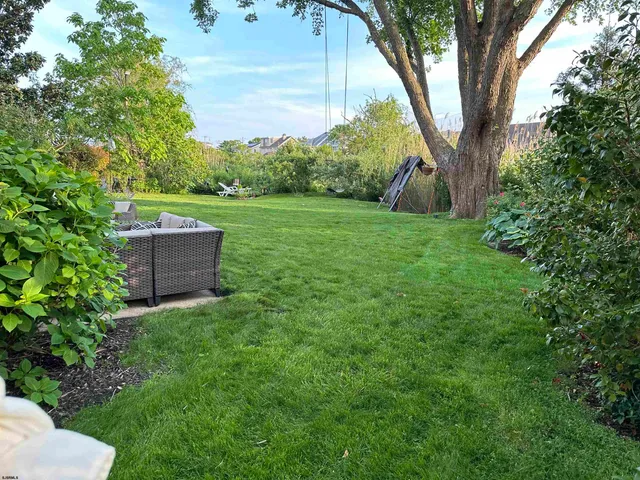 a backyard of a house with plants and large tree