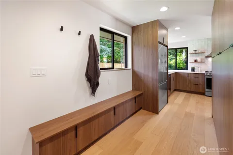 a hallway with windows