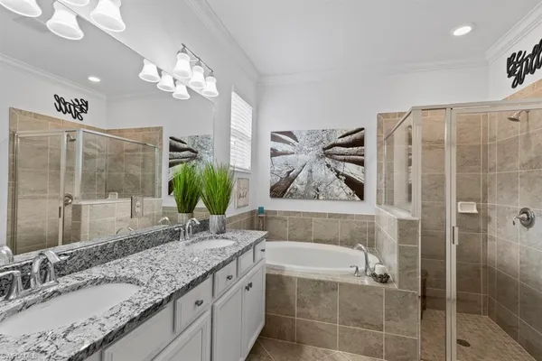 a bathroom with a granite countertop sink a mirror a vanity and shower