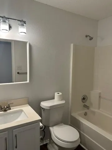 a bathroom with a toilet a sink a mirror and bathtub