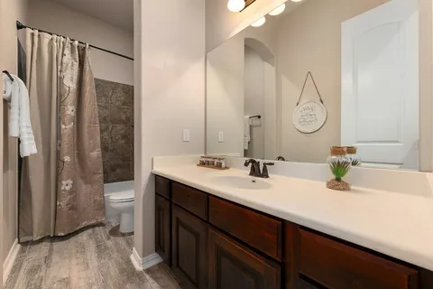 a bathroom with a double vanity sink mirror and toilet