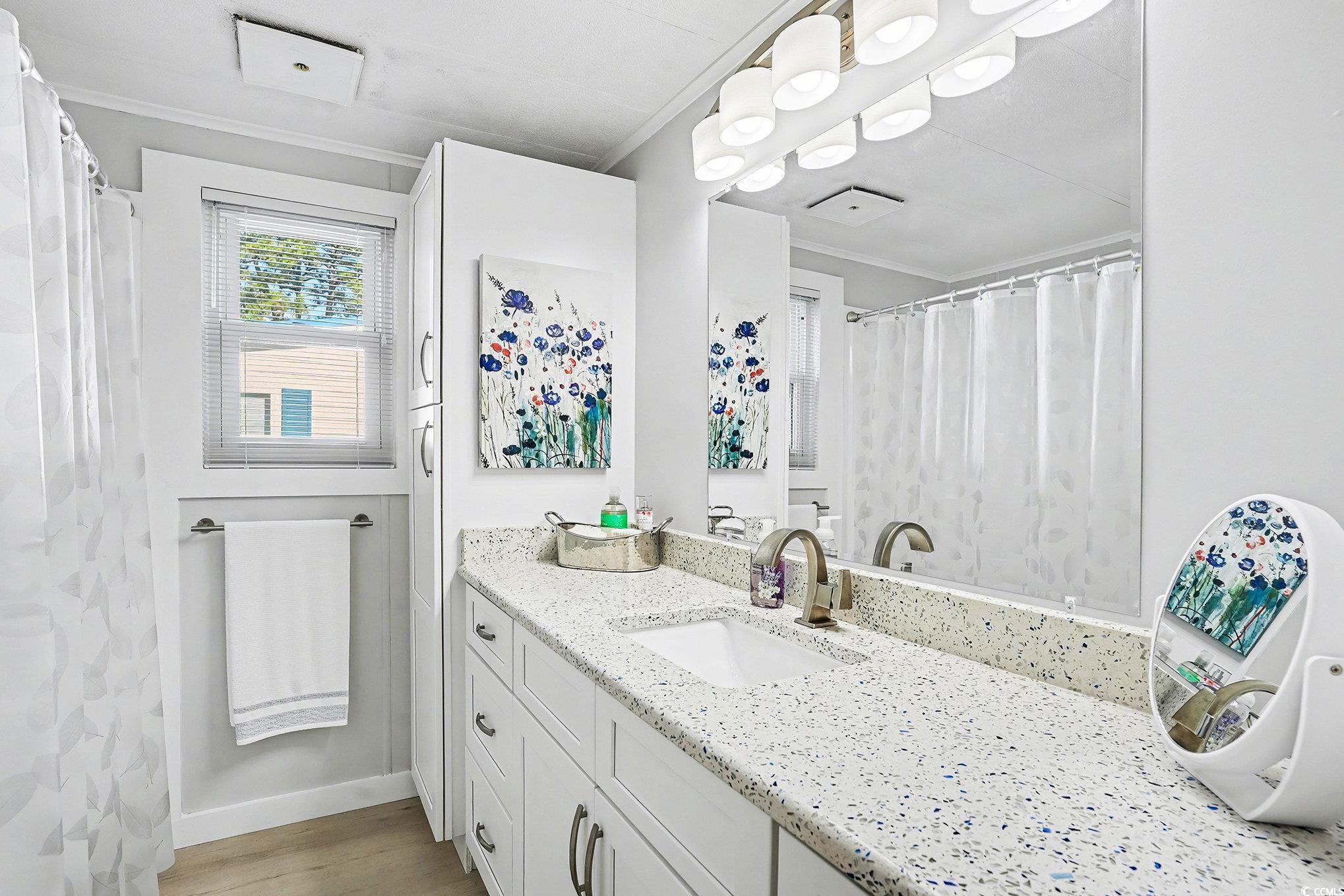 3268 Pecan Trail Murrells Inlet, SC 29576 - Photo 22 of 38 Bathroom featuring vanity, a shower with shower curtain, crown molding, and light wood-style floors