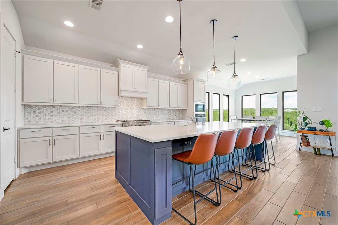 132 Lambs Ear Path San Marcos, TX 78666 - Photo 12 of 43 a kitchen with stainless steel appliances granite countertop a stove a sink dishwasher and a wooden cabinets with wooden floor