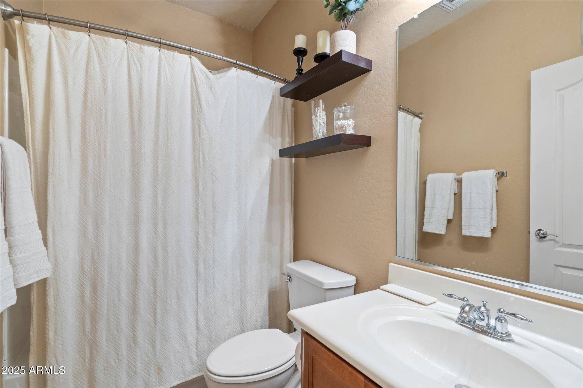 6710 South Seton Avenue Gilbert, AZ 85298 - Photo 31 of 51 a bathroom with a sink a toilet and shower curtain