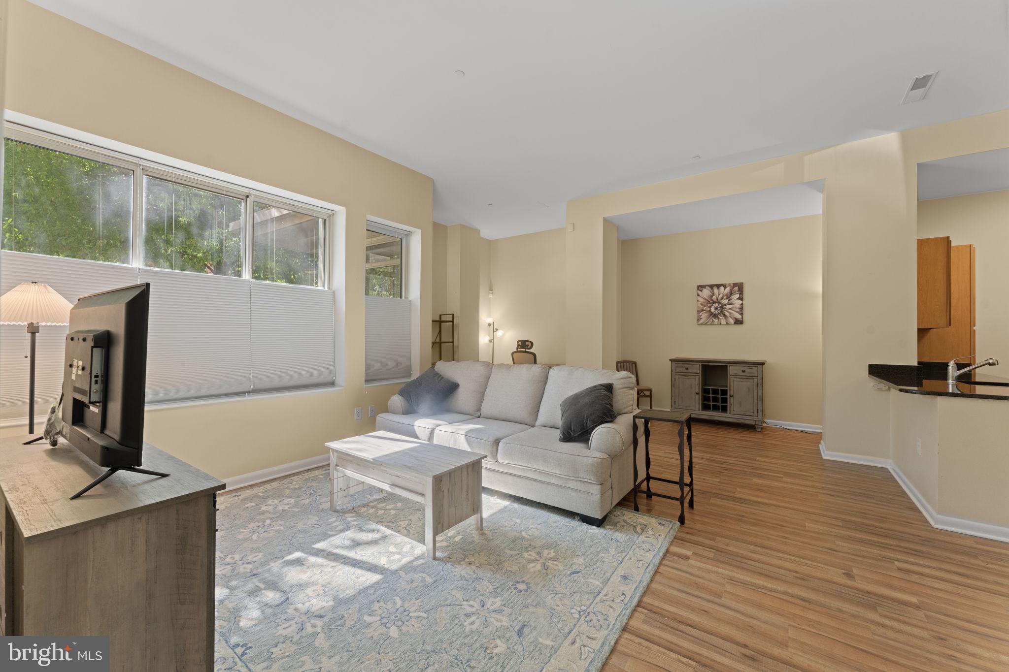 355 I Street Southwest, Unit S104 Washington, DC 20024 - Photo 10 of 64 a living room with furniture a flat screen tv and a fireplace