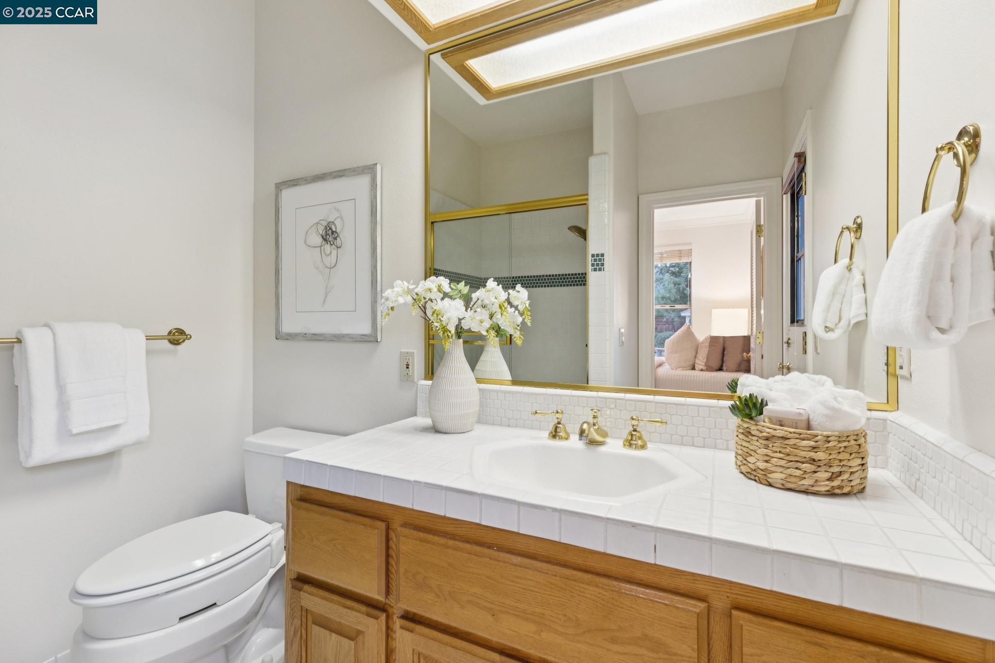 788 Woodwind Place Walnut Creek, CA 94598 - Photo 26 of 48 a bathroom with a granite countertop sink a toilet and a mirror