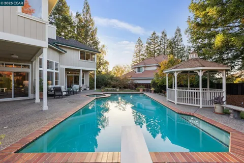 a house view with swimming pool and outdoor seating