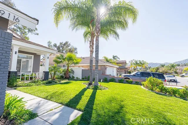 a view of a house with a yard and palm trees