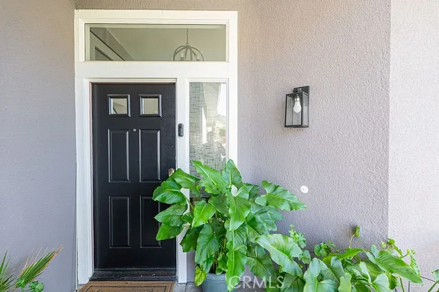 a living room with furniture a flat screen tv and a potted plant
