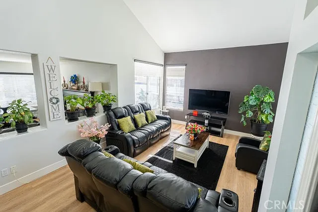 a living room with furniture flowerpot and a flat screen tv