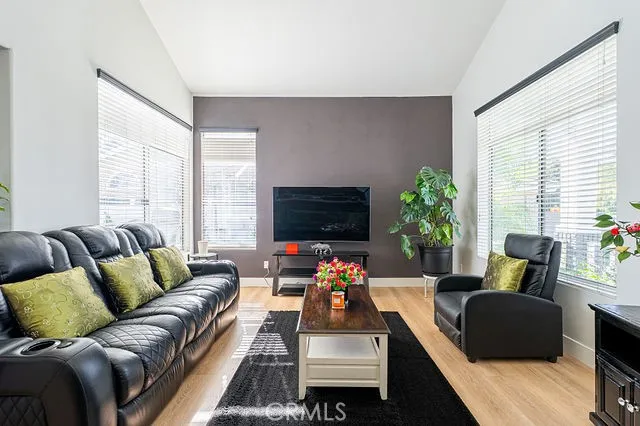 a living room with furniture and a rug