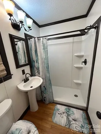a bathroom with a sink a toilet a mirror and shower